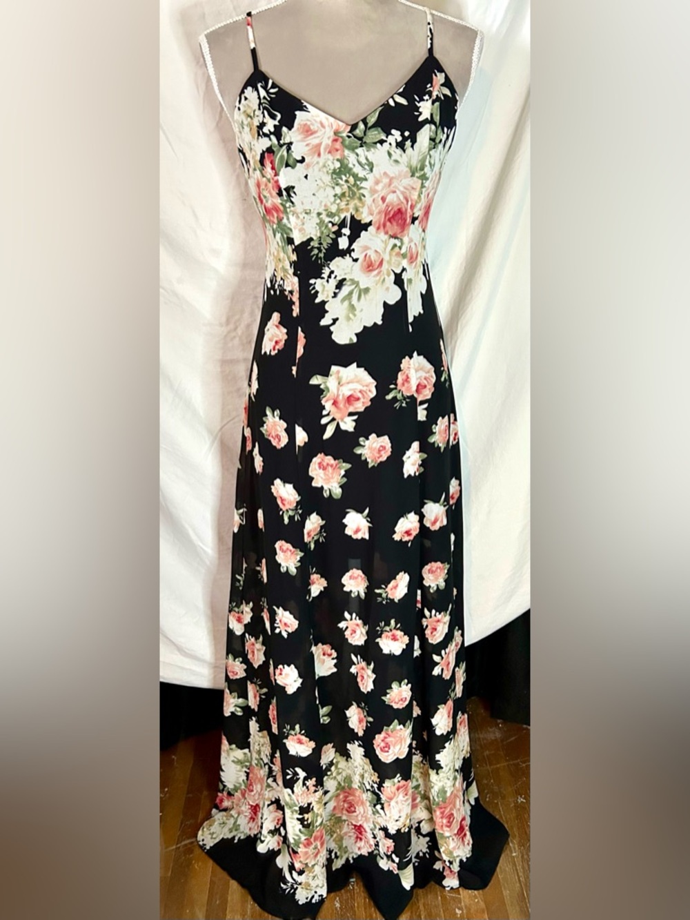 Lulus Black, Light Pink Floral Cross-Back Sheer Overlay Maxi Dress, Size S